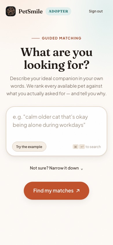 The adopter search asking what you are looking for, in your own words.