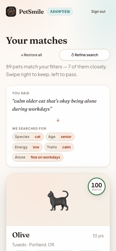 The sentence turned into species, age, energy and trait filters, with a 100 match beneath.