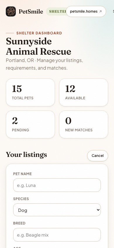 The add-pet form on a phone, with fields for species, breed, age, size and temperament.