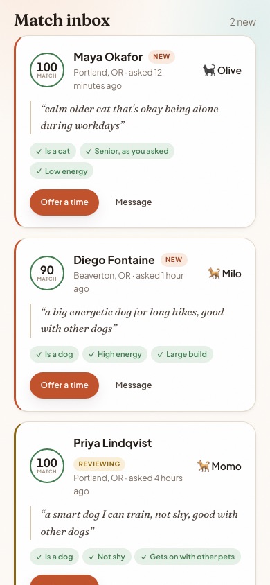 The match inbox showing an adopter scoring 100, their own words, and why it matched.