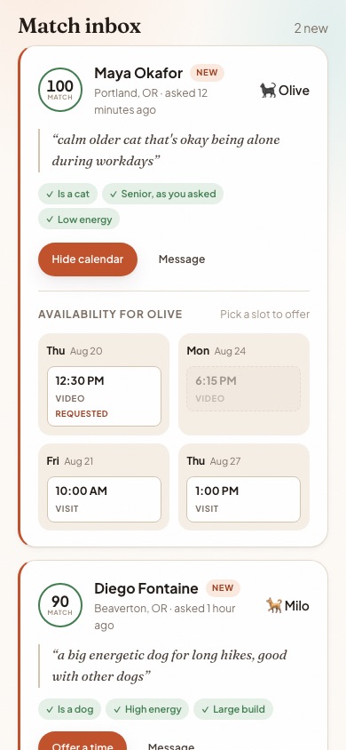 The appointment calendar for the matched pet, with video and visit slots to offer.